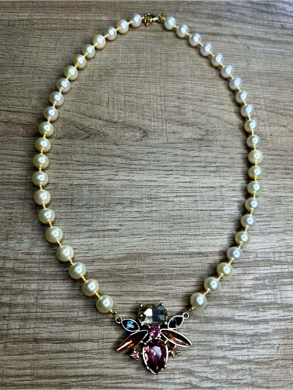 Faux Pearl Necklace with Multicolor Crystal Bee Pendant - Gold Tone Handmade - Picture 1 of 7